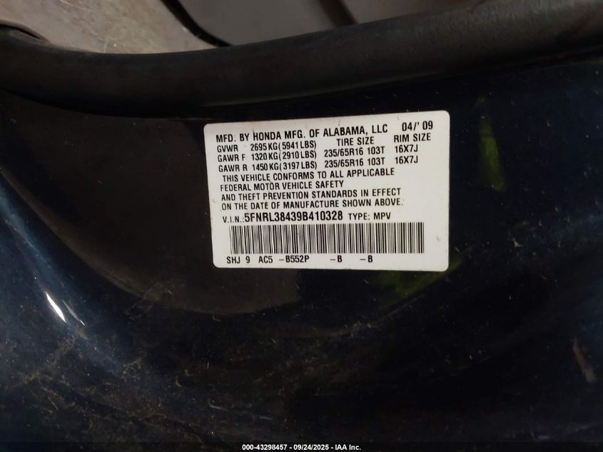 2009 Honda Odyssey Ex VIN: 5FNRL38439B410328 Lot: 43298457