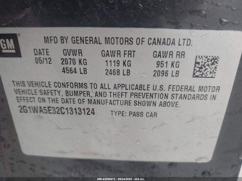 2012 Chevrolet Impala Ls VIN: 2G1WA5E32C1313124 Lot: 43298473