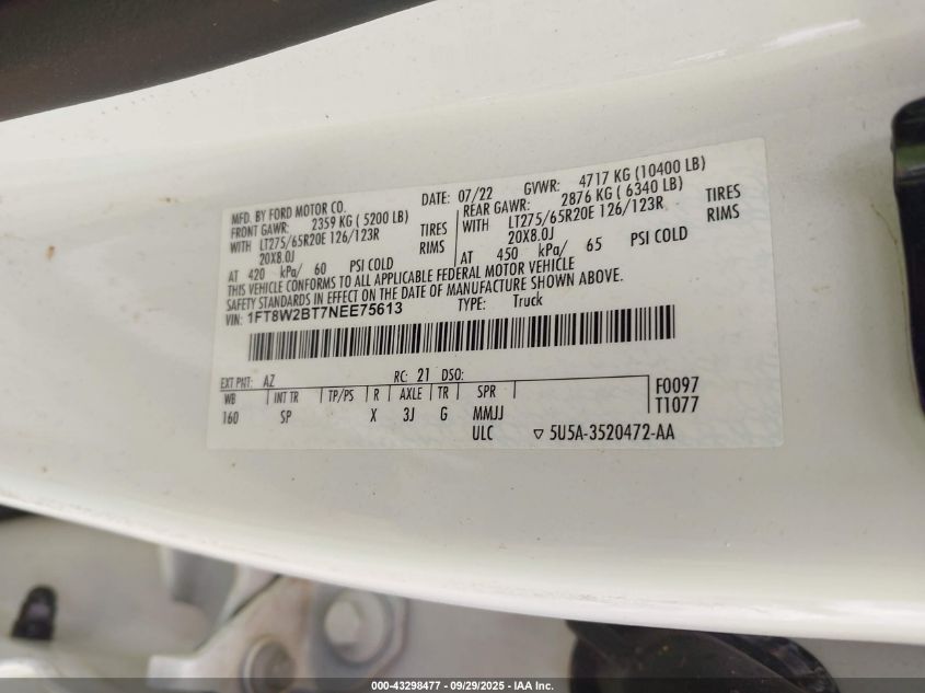 2022 Ford F-250 King Ranch VIN: 1FT8W2BT7NEE75613 Lot: 43298477