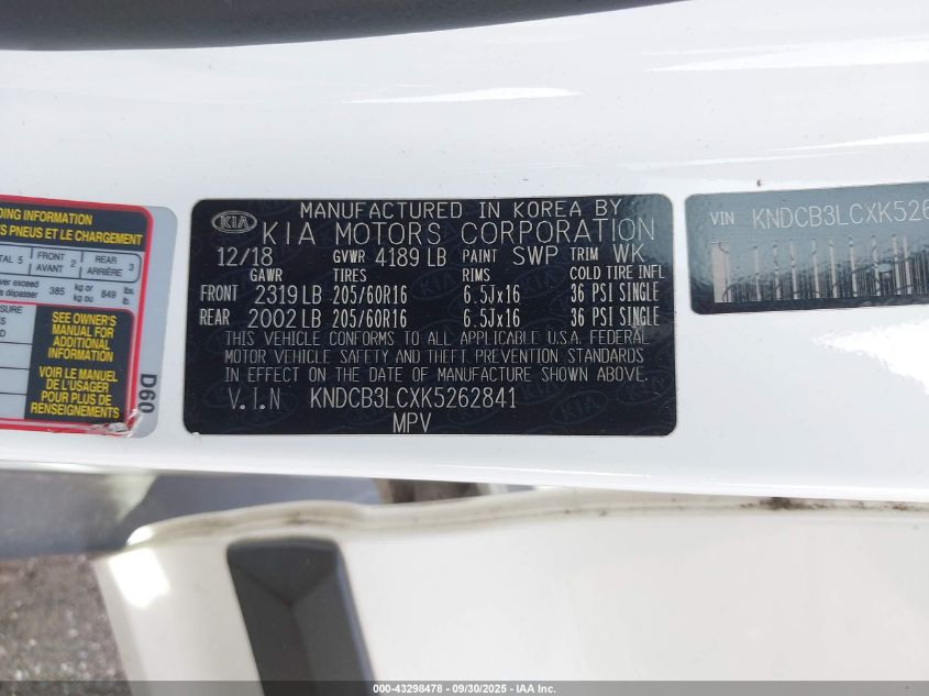 2019 Kia Niro Lx VIN: KNDCB3LCXK5262841 Lot: 43298478