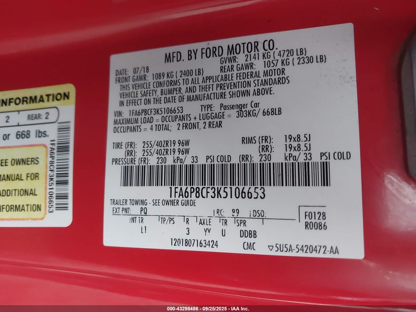 2019 FORD MUSTANG GT PREMIUM - 1FA6P8CF3K5106653