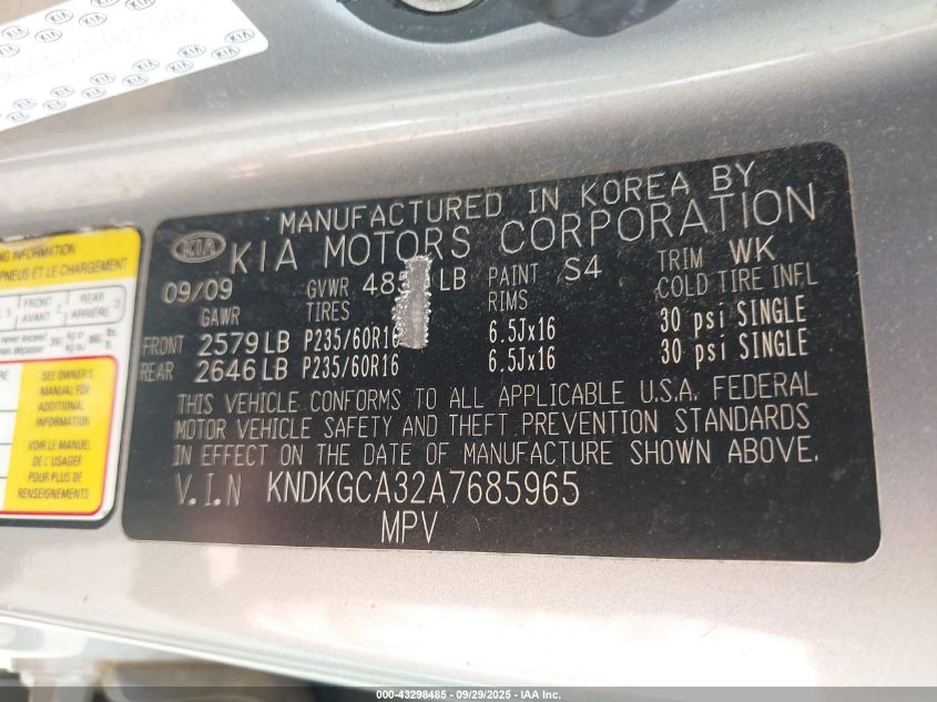 2010 Kia Sportage Lx V6 VIN: KNDKGCA32A7685965 Lot: 43298485