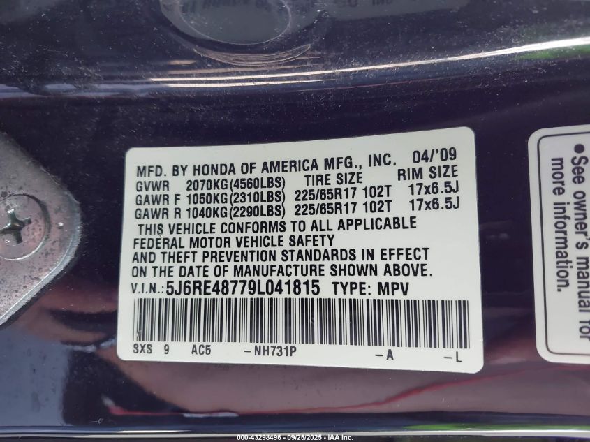 2009 Honda Cr-V Ex-L VIN: 5J6RE48779L041815 Lot: 43298496