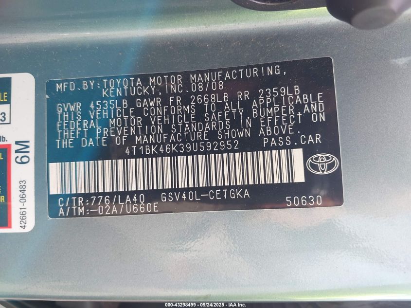 2009 Toyota Camry Xle V6 VIN: 4T1BK46K39U592952 Lot: 43298499