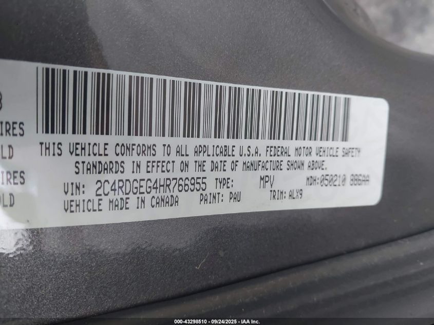 2017 Dodge Grand Caravan Gt VIN: 2C4RDGEG4HR766955 Lot: 43298510