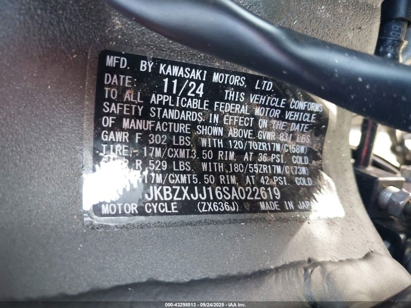 2025 Kawasaki Zx636 K VIN: JKBZXJJ16SA022619 Lot: 43298513