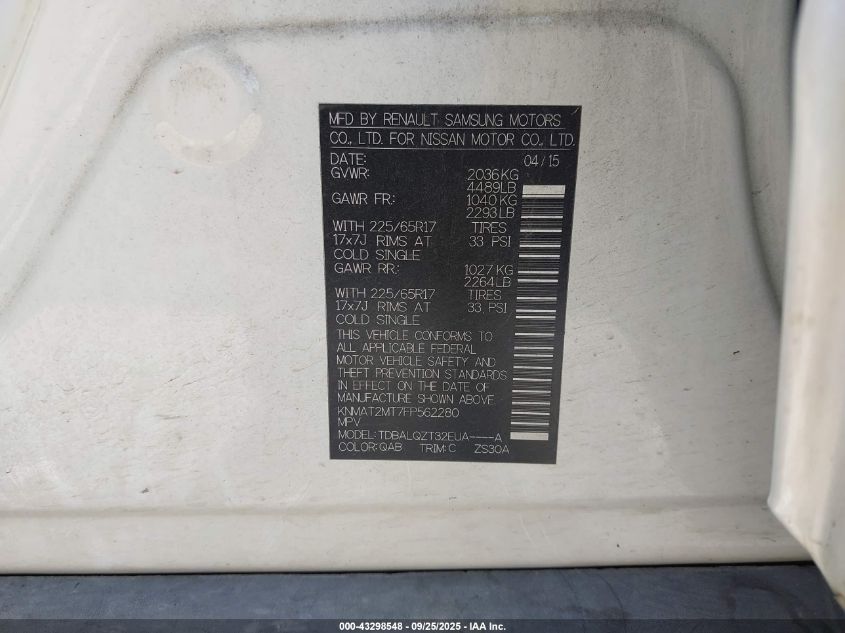 2015 Nissan Rogue Sv VIN: KNMAT2MT7FP562280 Lot: 43298548