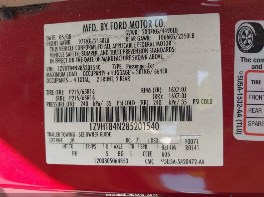 2008 Ford Mustang V6 Deluxe/V6 Premium VIN: 1ZVHT84N285201540 Lot: 43298555