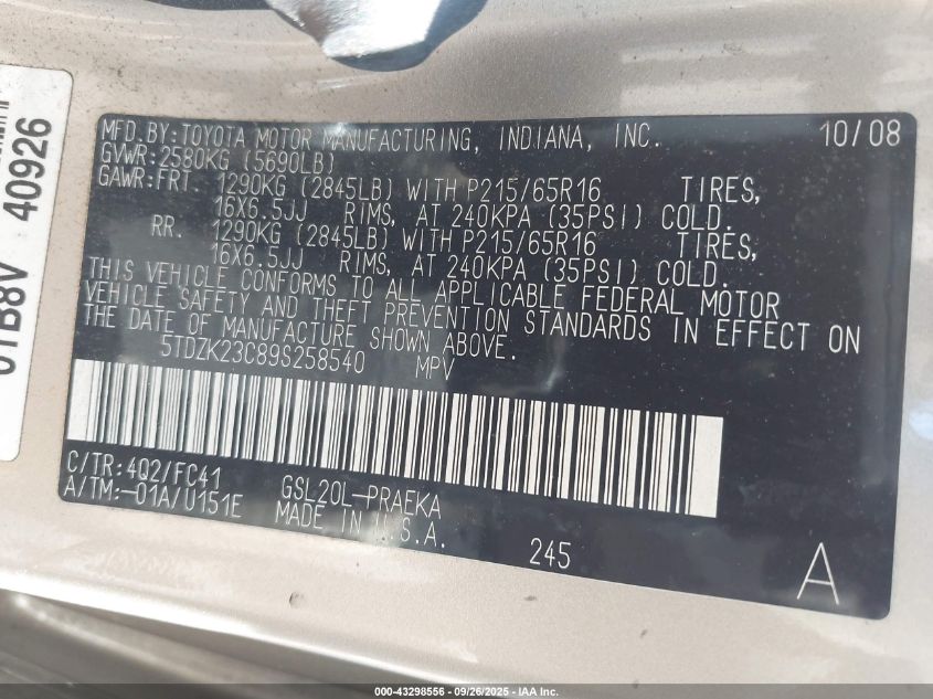 2009 Toyota Sienna Le VIN: 5TDZK23C89S258540 Lot: 43298556