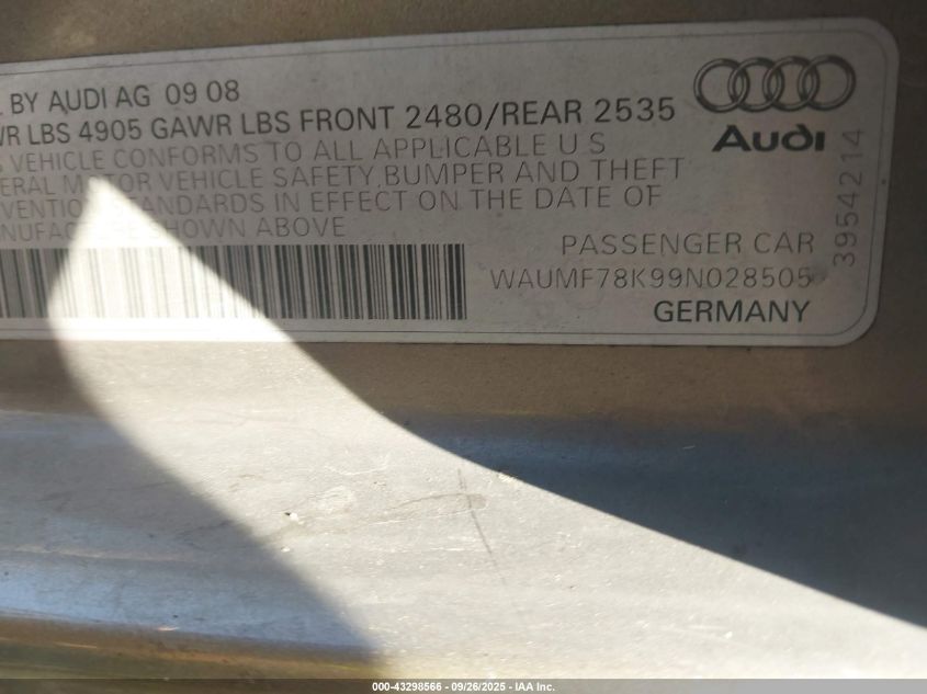 2009 Audi A4 2.0T Premium VIN: WAUMF78K99N028505 Lot: 43298566