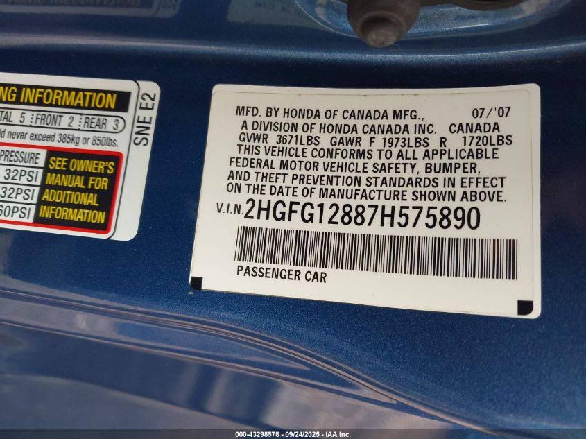 2007 Honda Civic Ex VIN: 2HGFG12887H575890 Lot: 43298578