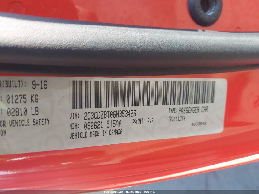 2016 Dodge Challenger R/T VIN: 2C3CDZBT0GH353426 Lot: 43298581