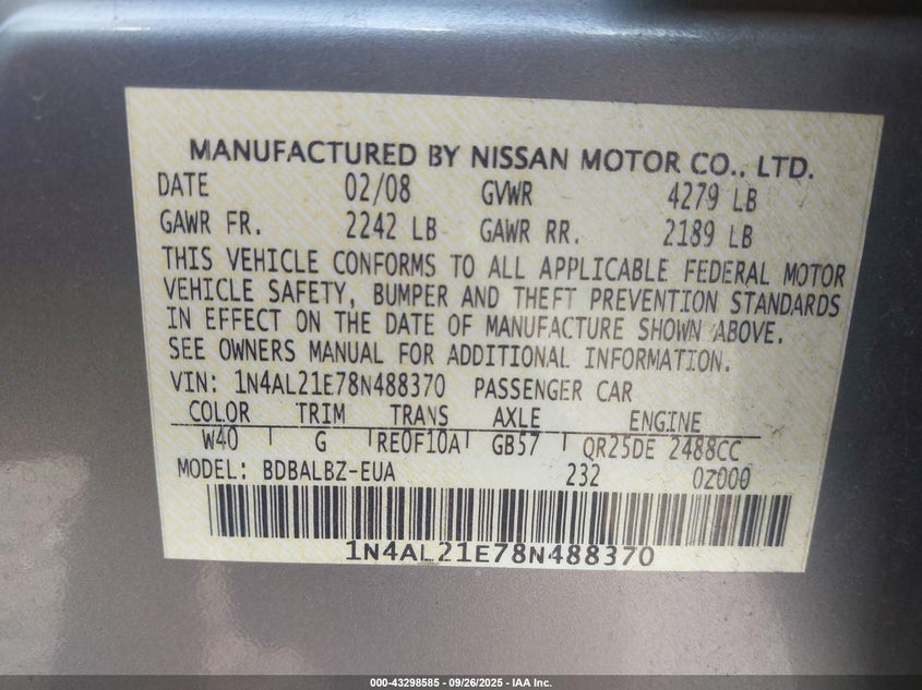 1N4AL21E78N488370 2008 NISSAN ALTIMA photo no. 9
