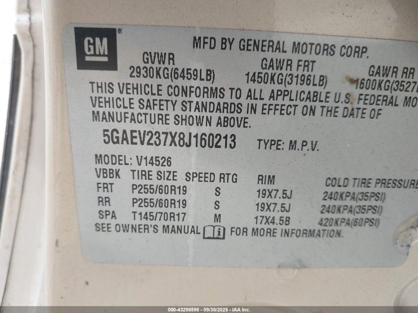 2008 Buick Enclave Cxl VIN: 5GAEV237X8J160213 Lot: 43298598