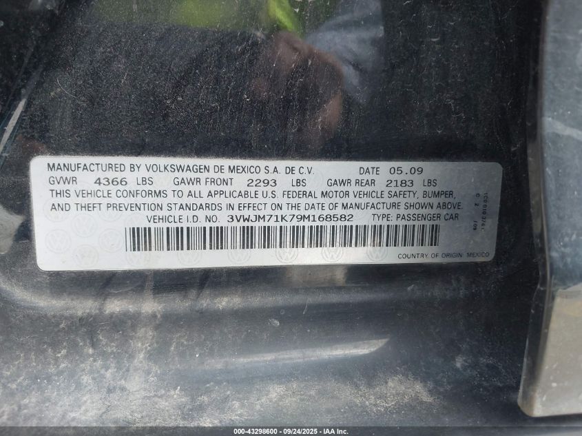 2009 Volkswagen Jetta S VIN: 3VWJM71K79M168582 Lot: 43298600