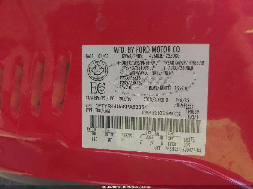 2006 Ford Ranger Sport/Stx/Xlt VIN: 1FTYR44U56PA63351 Lot: 43298612