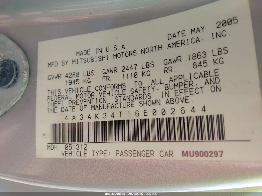 2006 Mitsubishi Eclipse Gt VIN: 4A3AK34T16E002644 Lot: 43298624