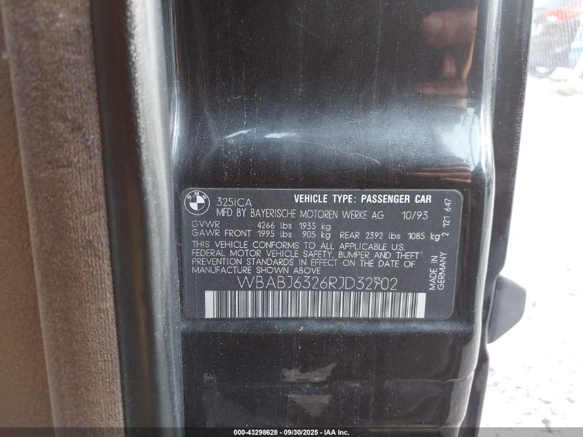 1994 BMW 325 Ic Automatic VIN: WBABJ6326RJD32702 Lot: 43298628