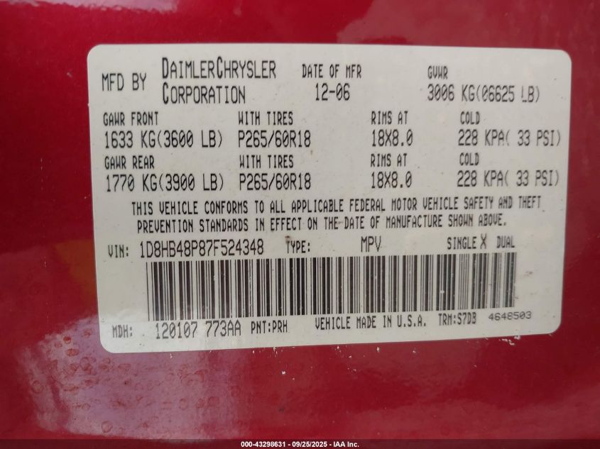 2007 Dodge Durango Slt VIN: 1D8HB48P87F524348 Lot: 43298631
