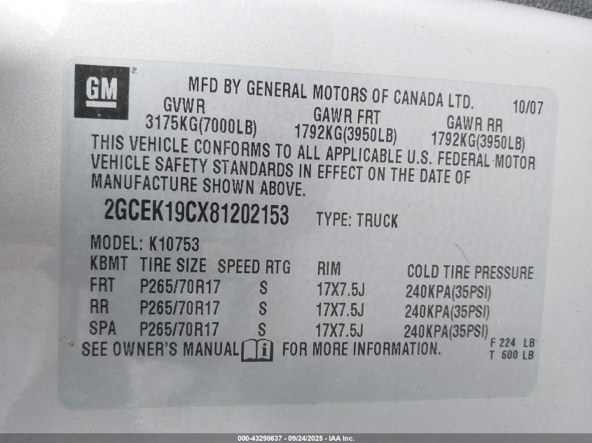 2008 Chevrolet Silverado 1500 Lt1 VIN: 2GCEK19CX81202153 Lot: 43298637