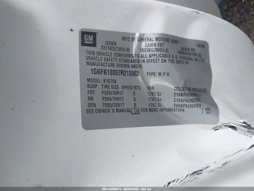 2007 GMC Yukon Sle VIN: 1GKFK13057R213963 Lot: 43298670