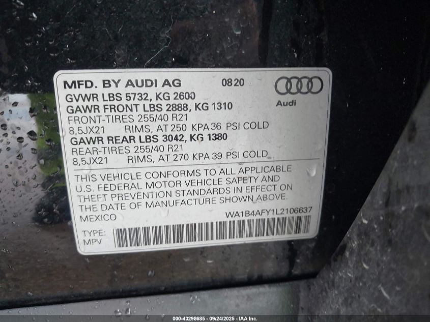 2020 Audi Sq5 Premium Plus Tfsi Quattro Tiptronic VIN: WA1B4AFY1L2106637 Lot: 43298685