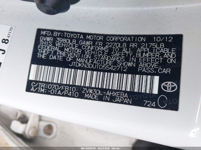 2013 Toyota Prius Three VIN: JTDKN3DU1D5542712 Lot: 43298700