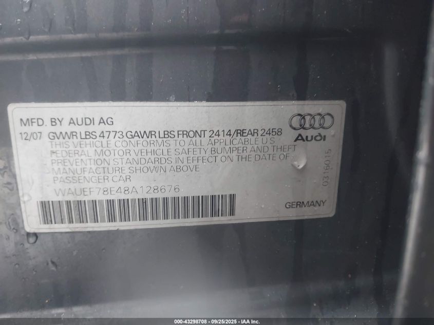 2008 Audi A4 2.0T/2.0T Special Edition VIN: WAUEF78E48A128676 Lot: 43298708