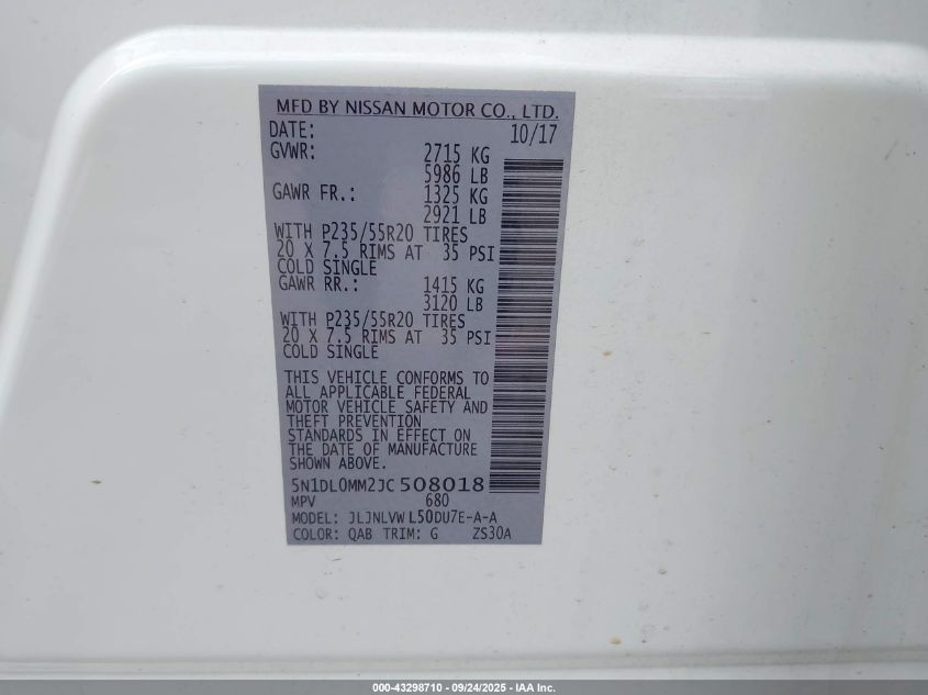 2018 Infiniti Qx60 VIN: 5N1DL0MM2JC508018 Lot: 43298710