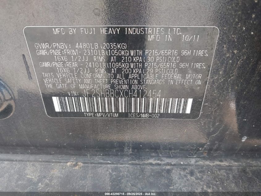 2012 Subaru Forester 2.5X VIN: JF2SHBBCXCH412454 Lot: 43298715