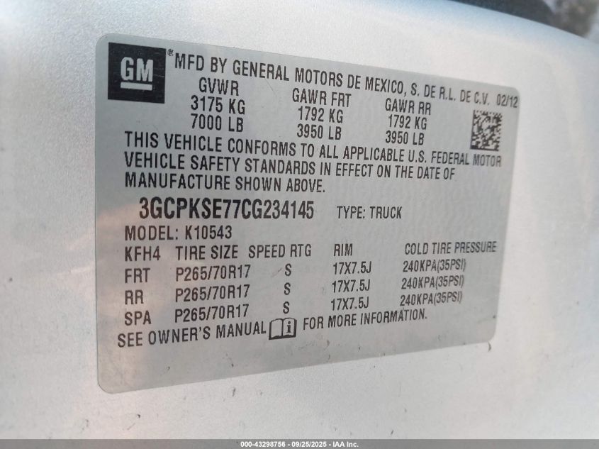 2012 Chevrolet Silverado 1500 Lt VIN: 3GCPKSE77CG234145 Lot: 43298756