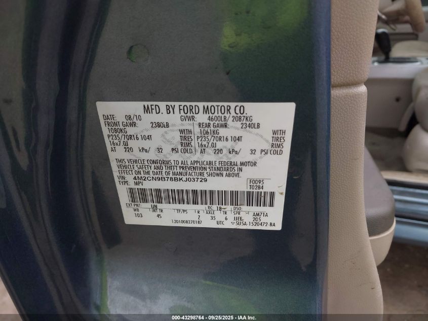 2011 Mercury Mariner VIN: 4M2CN9B78BKJ03729 Lot: 43298764