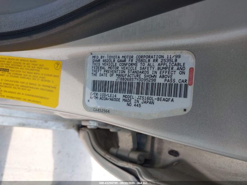 2000 Lexus Gs 300 VIN: JT8BD68S7Y0095298 Lot: 43298769