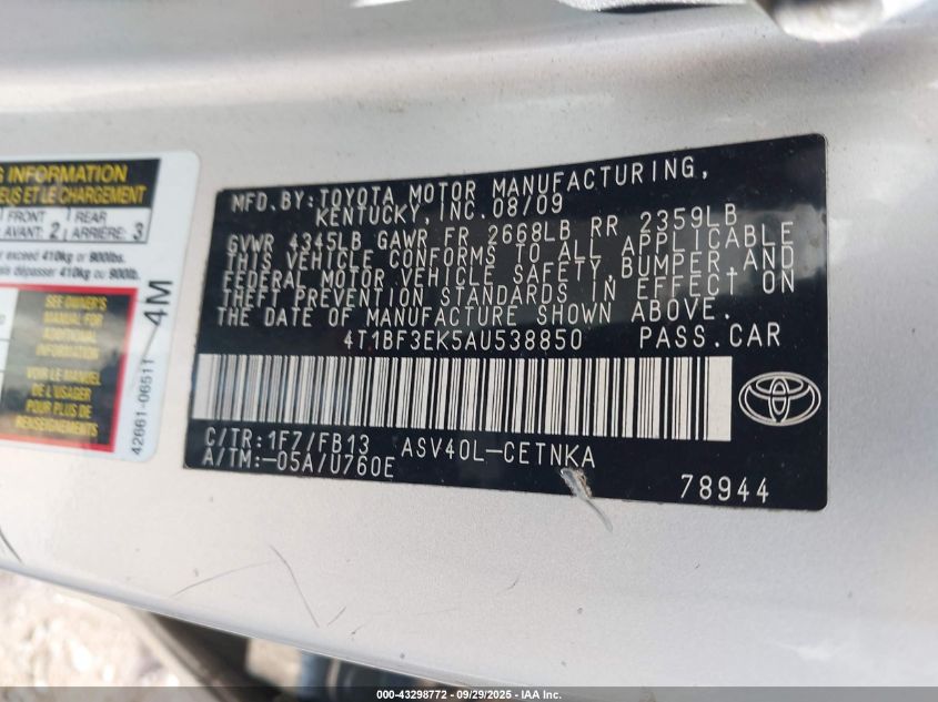 2010 Toyota Camry Le VIN: 4T1BF3EK5AU538850 Lot: 43298772