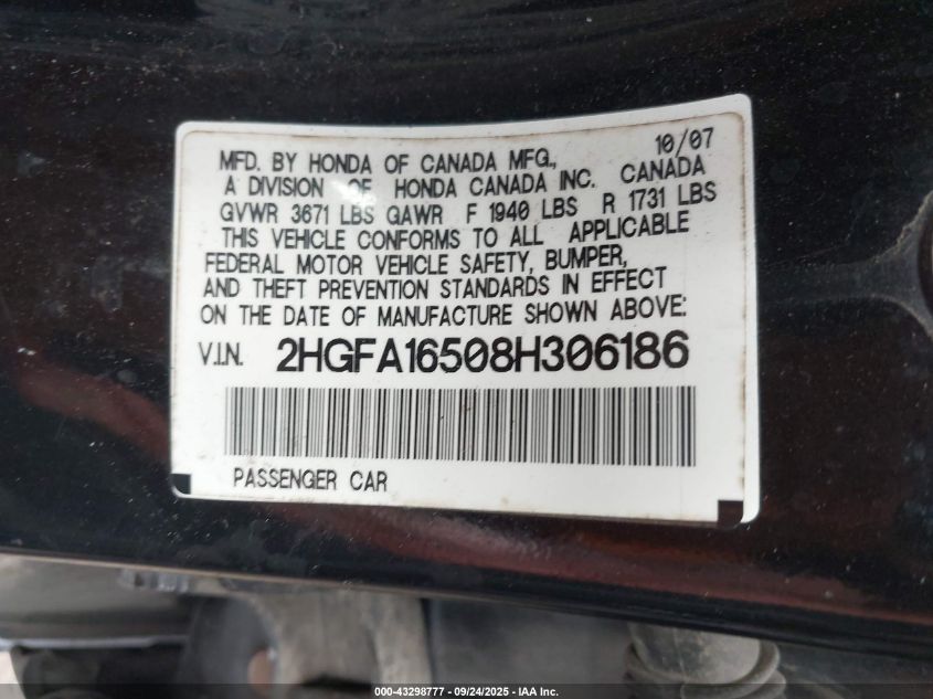2008 Honda Civic Lx VIN: 2HGFA16508H306186 Lot: 43298777