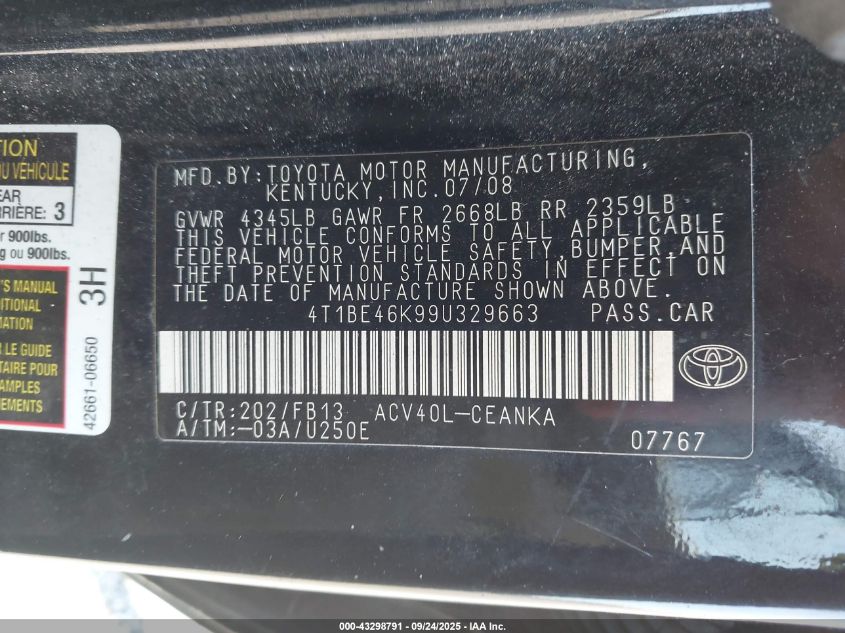 2009 Toyota Camry VIN: 4T1BE46K99U329663 Lot: 43298791
