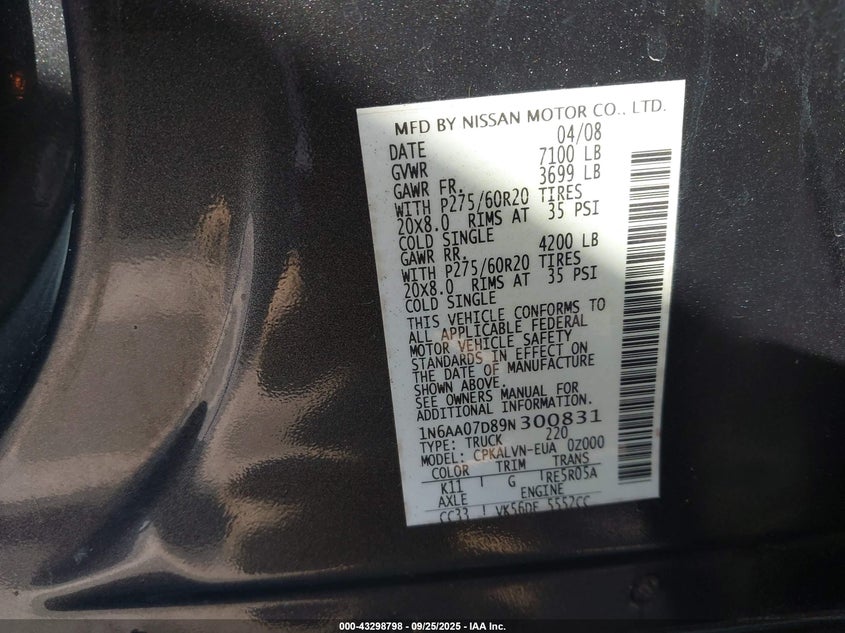 2009 Nissan Titan Le VIN: 1N6AA07D89N300831 Lot: 43298798