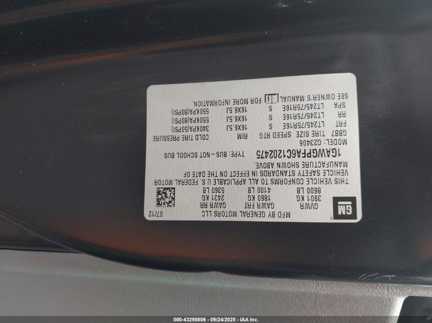 2012 Chevrolet Express 2500 Ls VIN: 1GAWGPFA6C1202475 Lot: 43298806