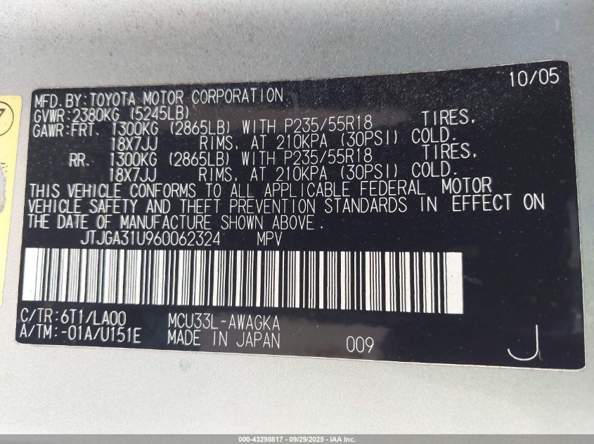 2006 Lexus Rx 330 VIN: JTJGA31U960062324 Lot: 43298817