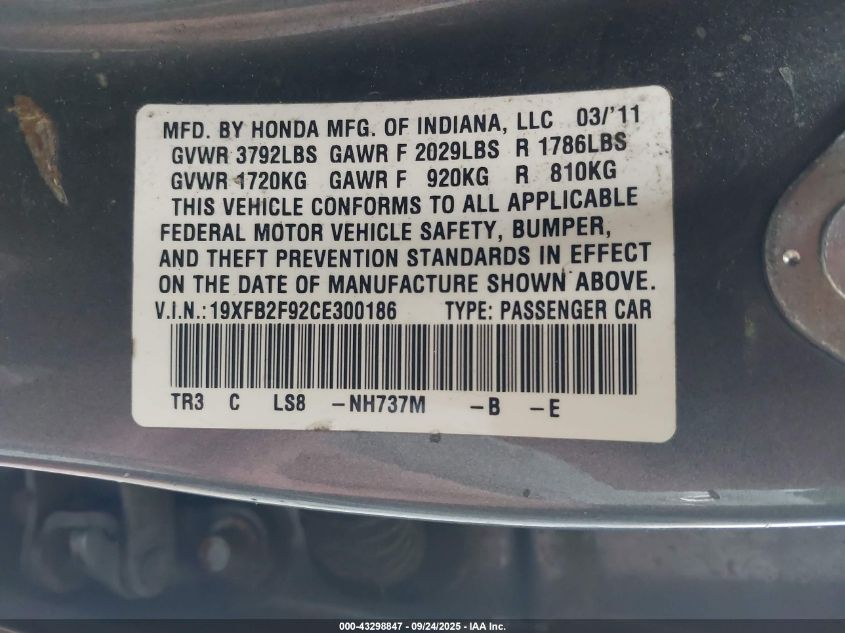 2012 Honda Civic Ex-L VIN: 19XFB2F92CE300186 Lot: 43298847