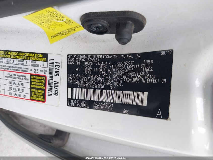 2013 Toyota Sienna Xle V6 8 Passenger VIN: 5TDYK3DCXDS285540 Lot: 43298848