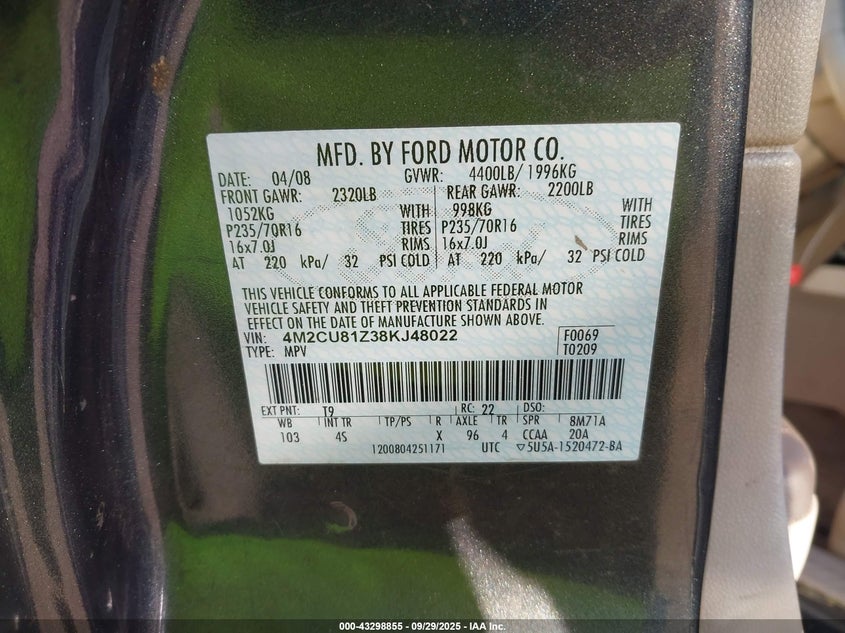 2008 Mercury Mariner I4 VIN: 4M2CU81Z38KJ48022 Lot: 43298855