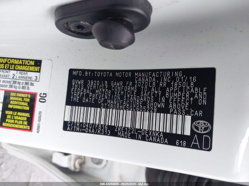 2016 Toyota Corolla Le VIN: 2T1BURHE5GC605228 Lot: 43298856