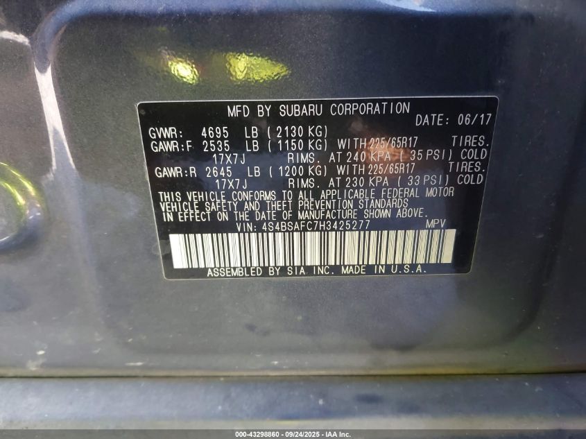 2017 Subaru Outback 2.5I Premium VIN: 4S4BSAFC7H3425277 Lot: 43298860