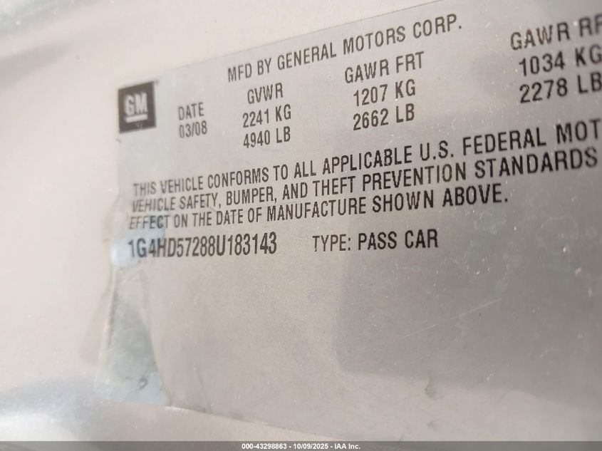 2008 Buick Lucerne Cxl VIN: 1G4HD57288U183143 Lot: 43298863