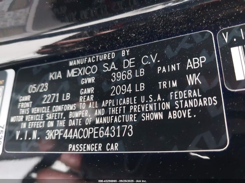 2023 Kia Forte Gt VIN: 3KPF44AC0PE643173 Lot: 43298865