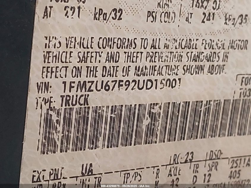 2002 Ford Explorer Sport Trac VIN: 1FMZU67E92UD15001 Lot: 43298875