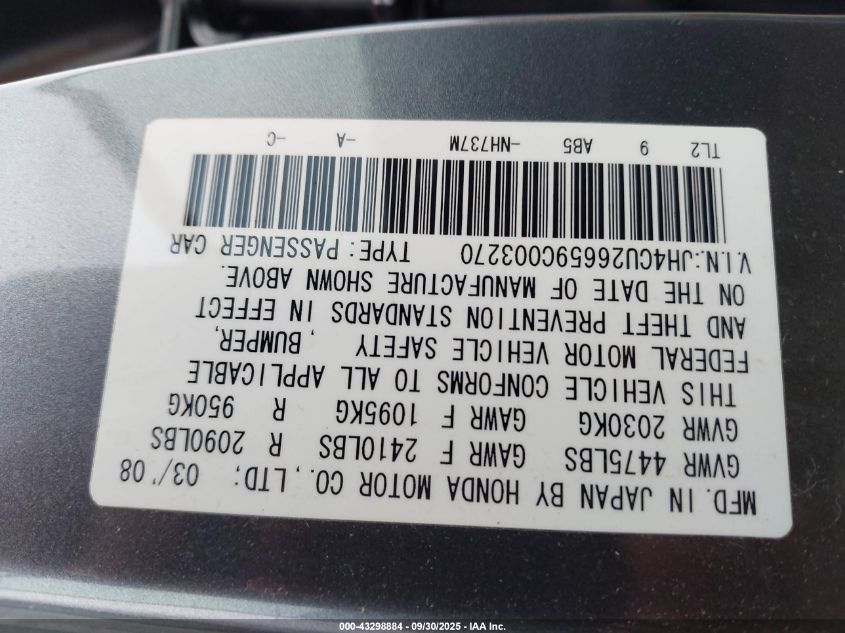 2009 Acura Tsx VIN: JH4CU26659C003270 Lot: 43298884