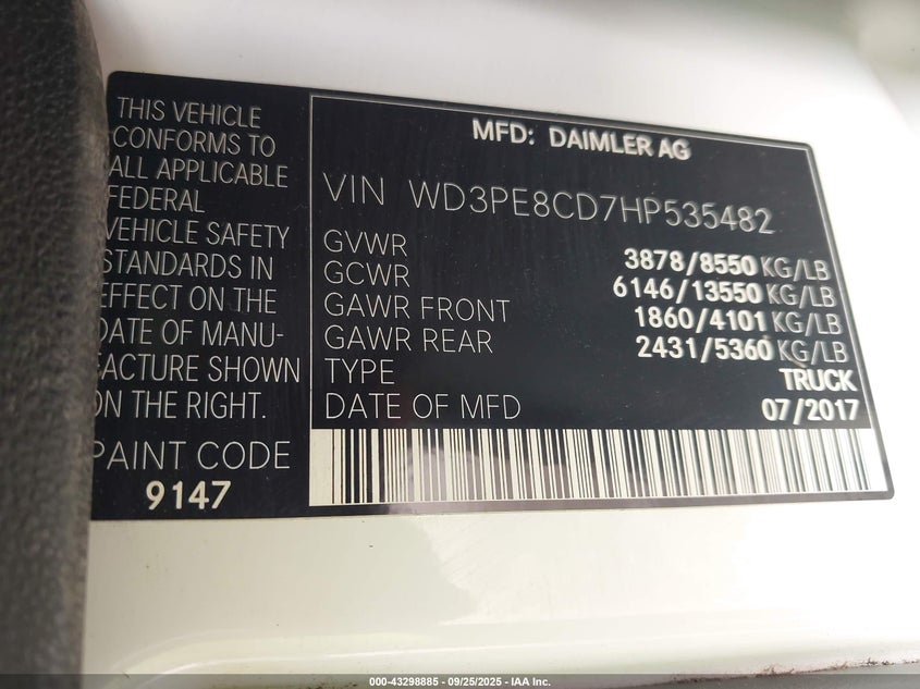2017 Mercedes-Benz Sprinter 2500 High Roof V6 VIN: WD3PE8CD7HP535482 Lot: 43298885