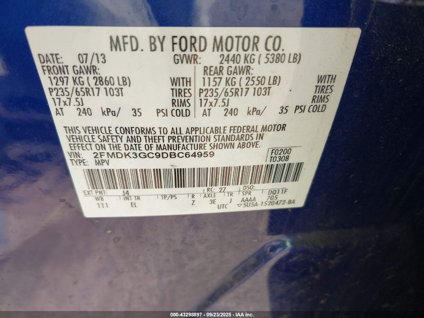 2013 Ford Edge Se VIN: 2FMDK3GC9DBC64959 Lot: 43298897